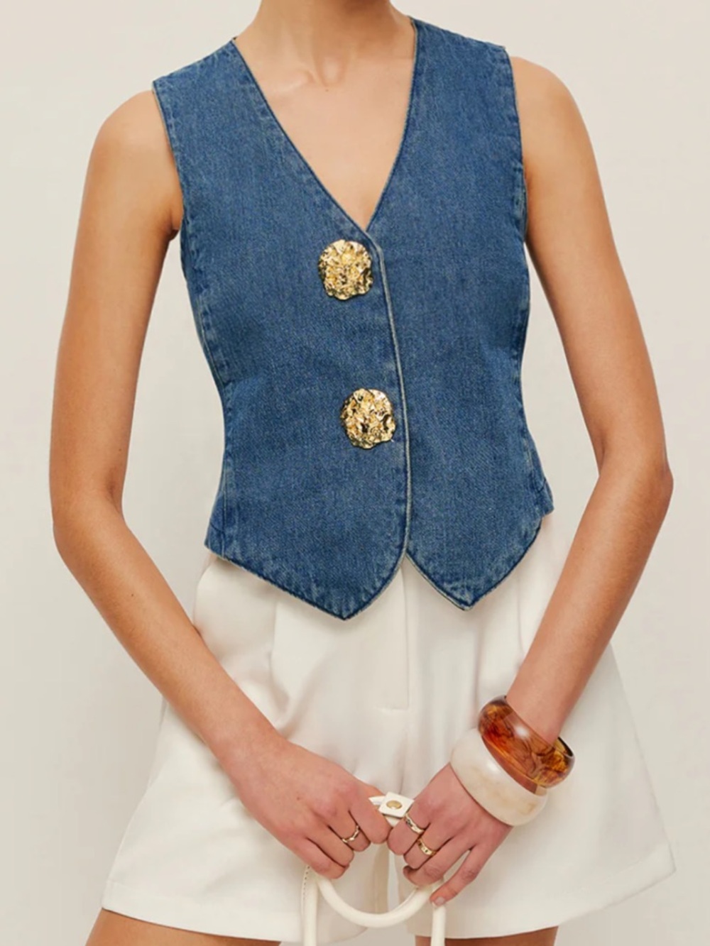 Commense blue denim vest featuring ornate gold buttons Size M